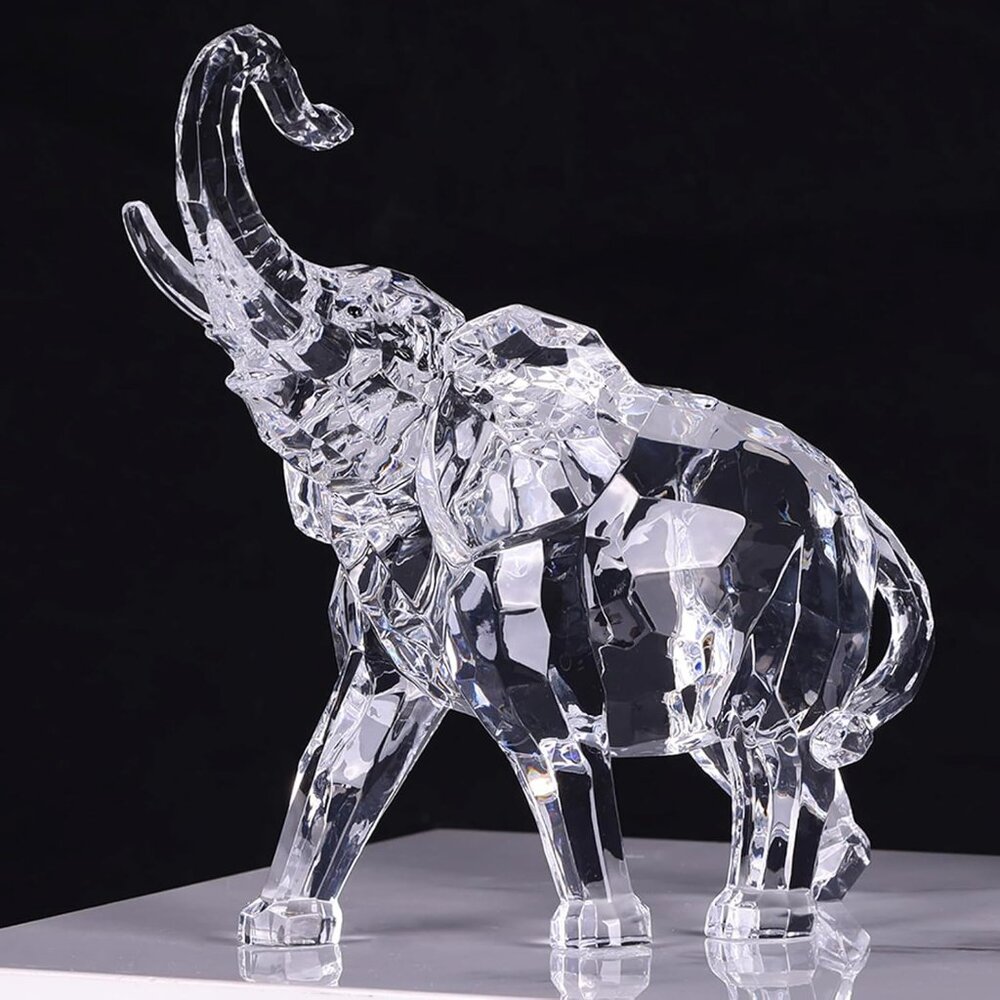 Crystal Elephant Sculpture with Elegant Geometric Facets and Clear Detailing